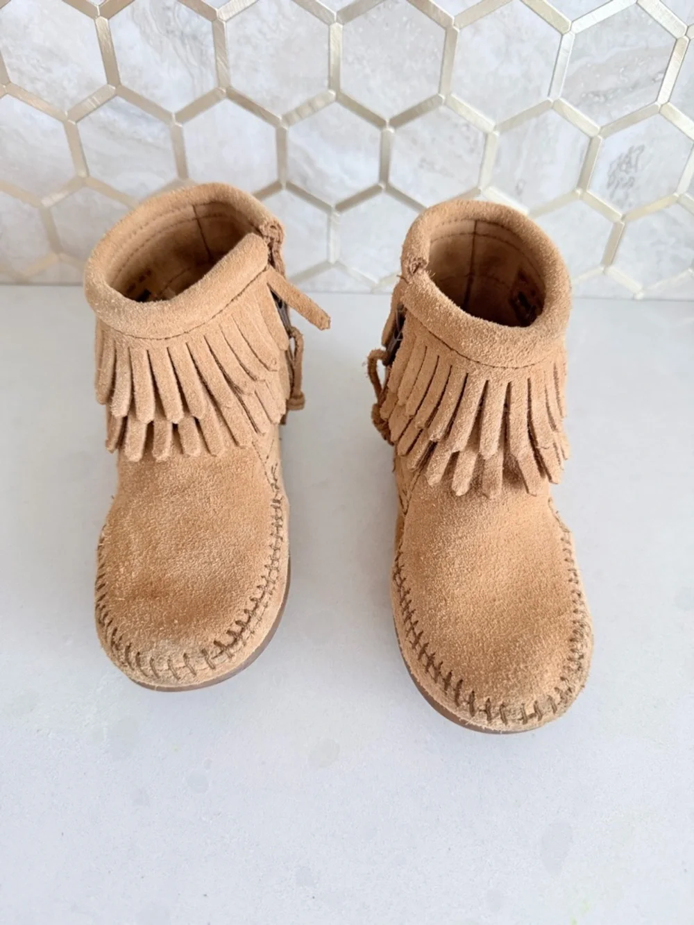 Minnetonka Kids Tan Suede Fringe Ankle Boots